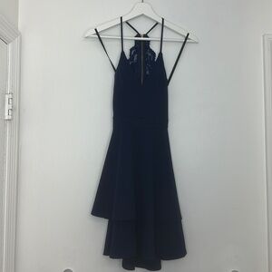 Camille La Vie Tiered Fit and Flare Navy Blue Lace Back semi formal dress